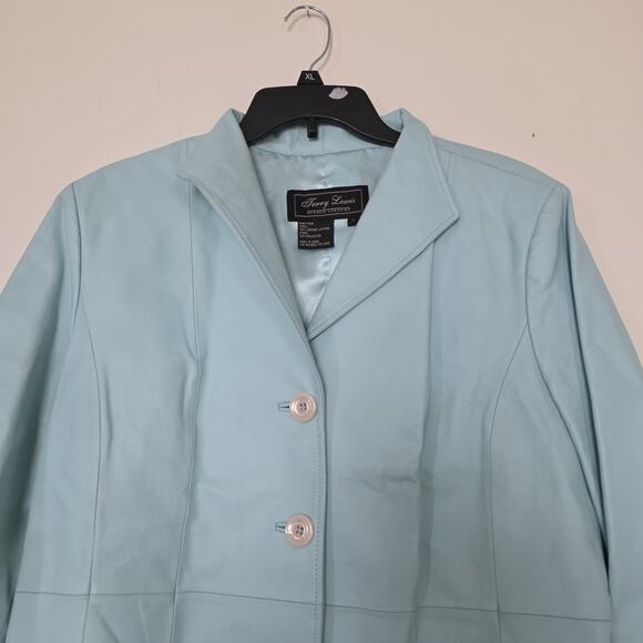 Vintage Baby Blue Leather Jacket Womens L Button Up Moto Y2K 90s Lined Pastel - Picture 2 of 11
